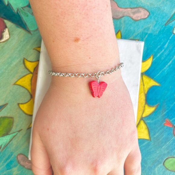 Handmade Jewelry - Red Butterfly Charm Silver Chain Bracelet